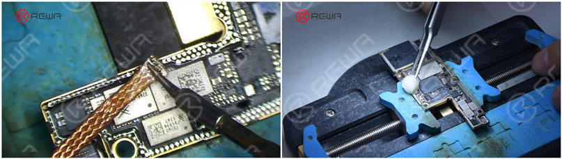 Remove tin on the bonding pad with Soldering Iron at 365 °C and Solder Wick. Tin on the bonding pad must be completely removed. The residual tin will affect the subsequent soldering. Clean the bonding pad with PCB Cleaner.
